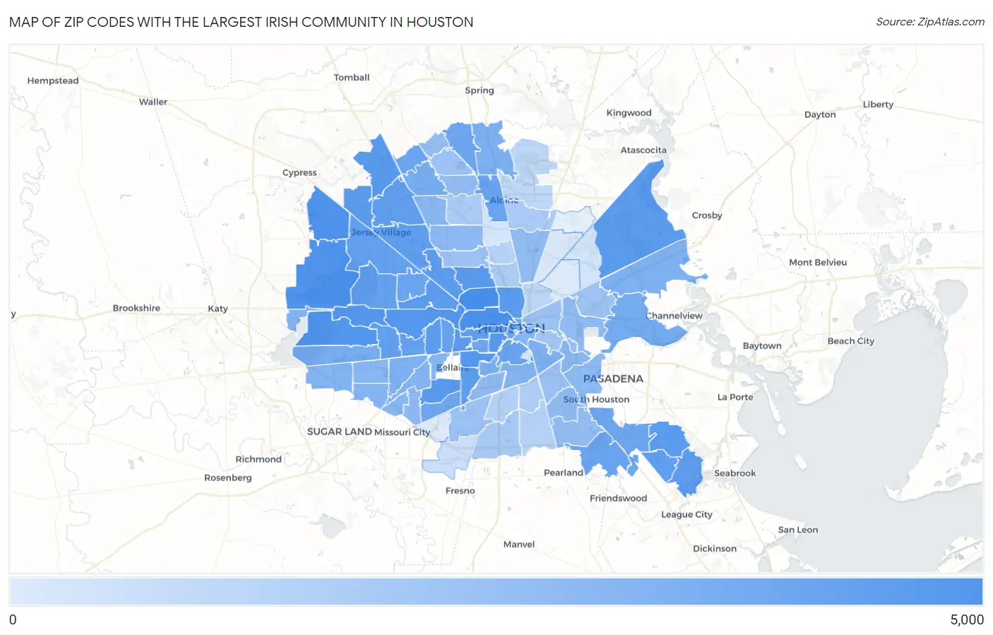 Zip Codes with the Largest Irish Community in Houston Map