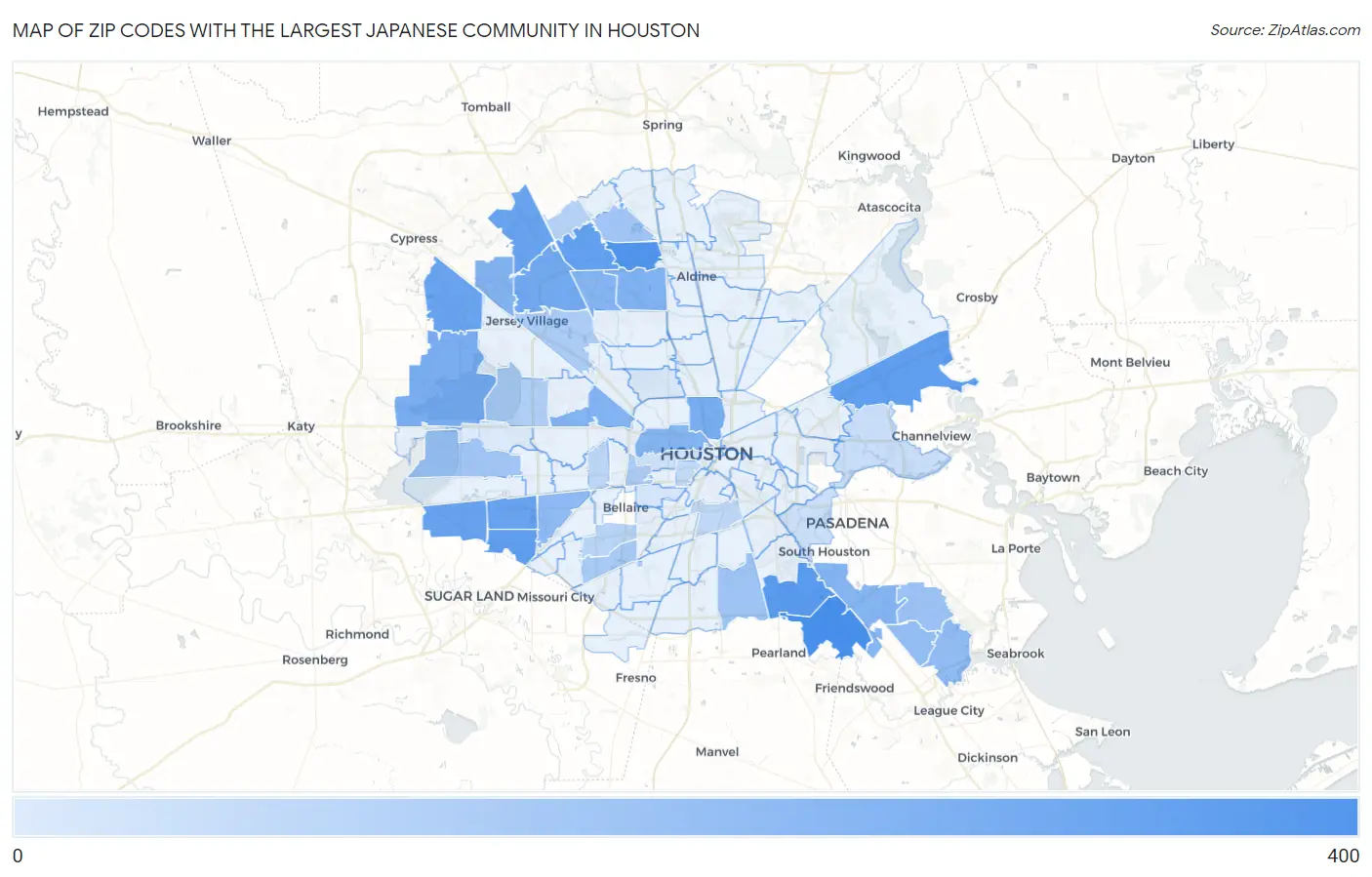 Zip Codes with the Largest Japanese Community in Houston Map