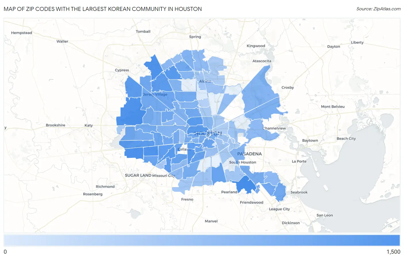 Zip Codes with the Largest Korean Community in Houston Map