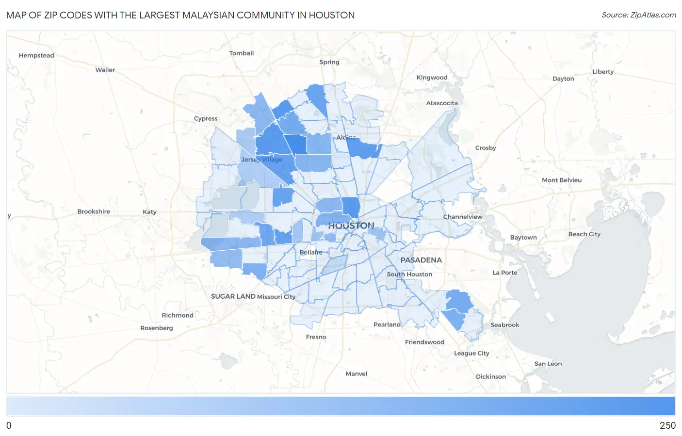 Zip Codes with the Largest Malaysian Community in Houston Map