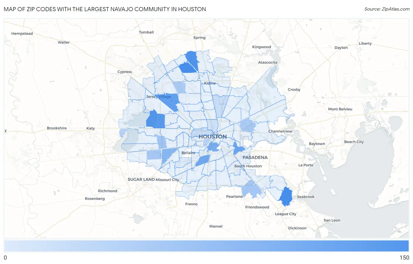 Zip Codes with the Largest Navajo Community in Houston Map