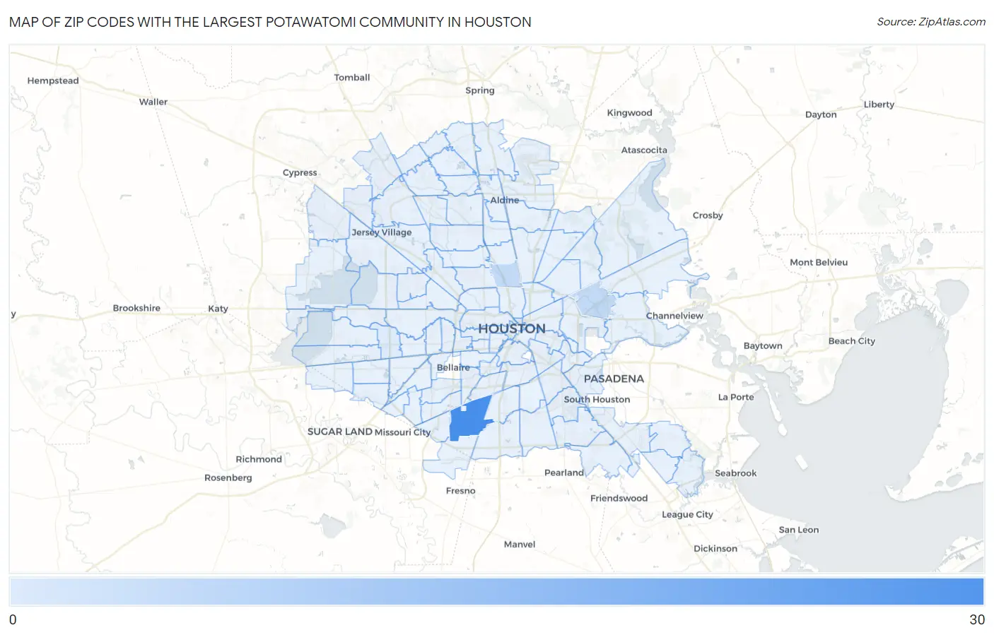 Zip Codes with the Largest Potawatomi Community in Houston Map