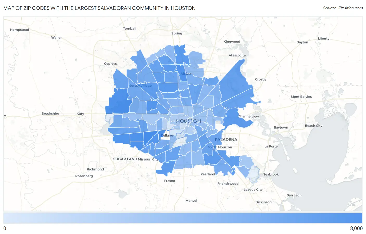 Zip Codes with the Largest Salvadoran Community in Houston Map