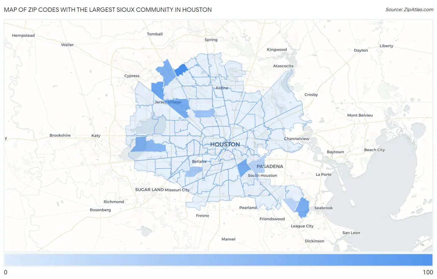 Zip Codes with the Largest Sioux Community in Houston Map