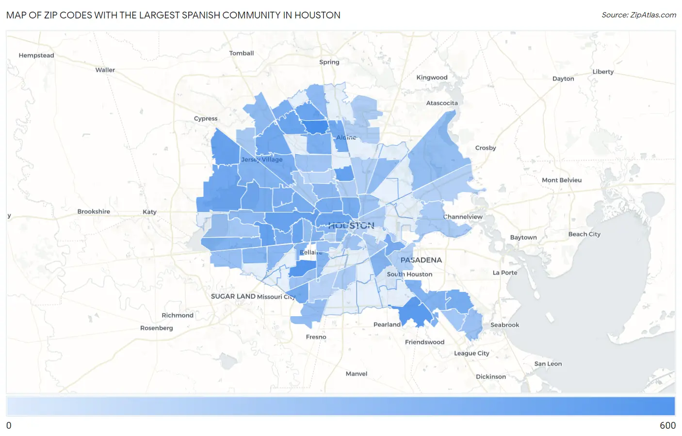 Zip Codes with the Largest Spanish Community in Houston Map