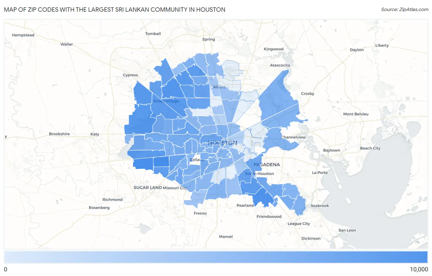 Zip Codes with the Largest Sri Lankan Community in Houston Map