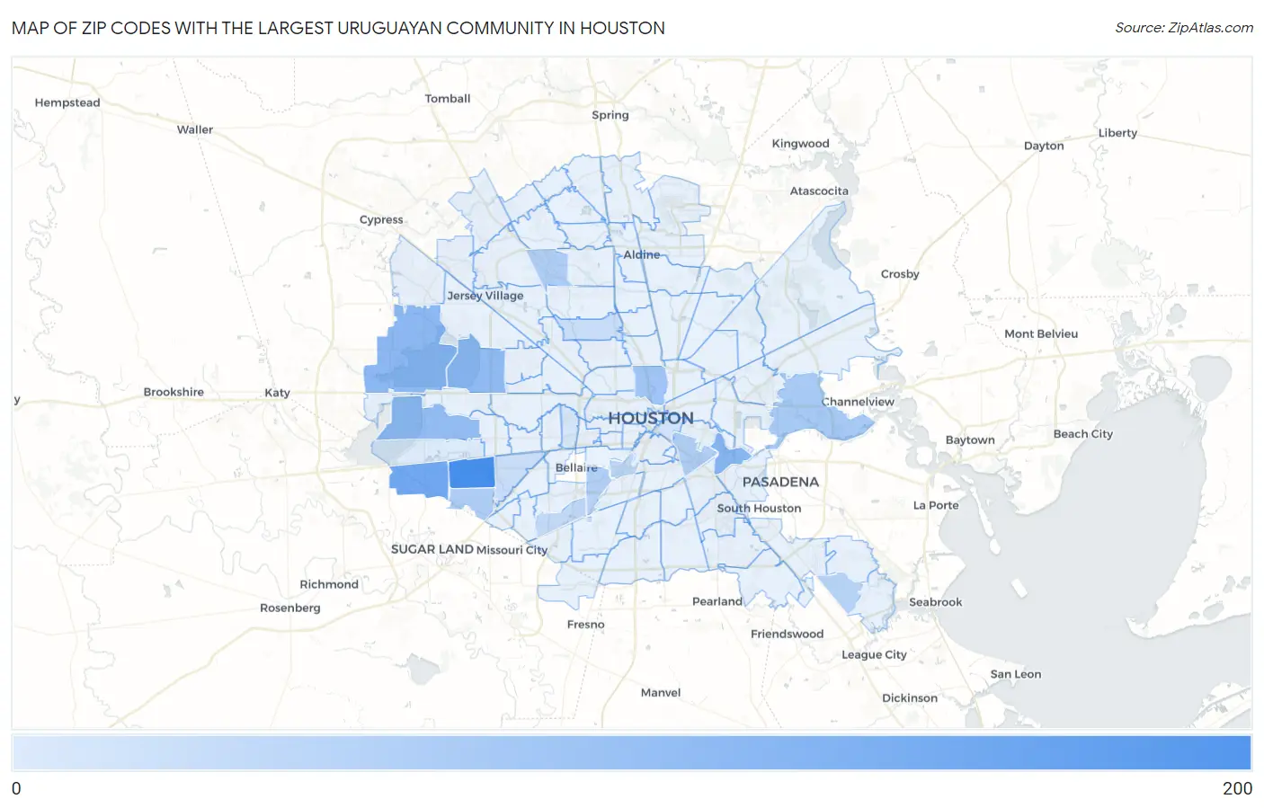 Zip Codes with the Largest Uruguayan Community in Houston Map