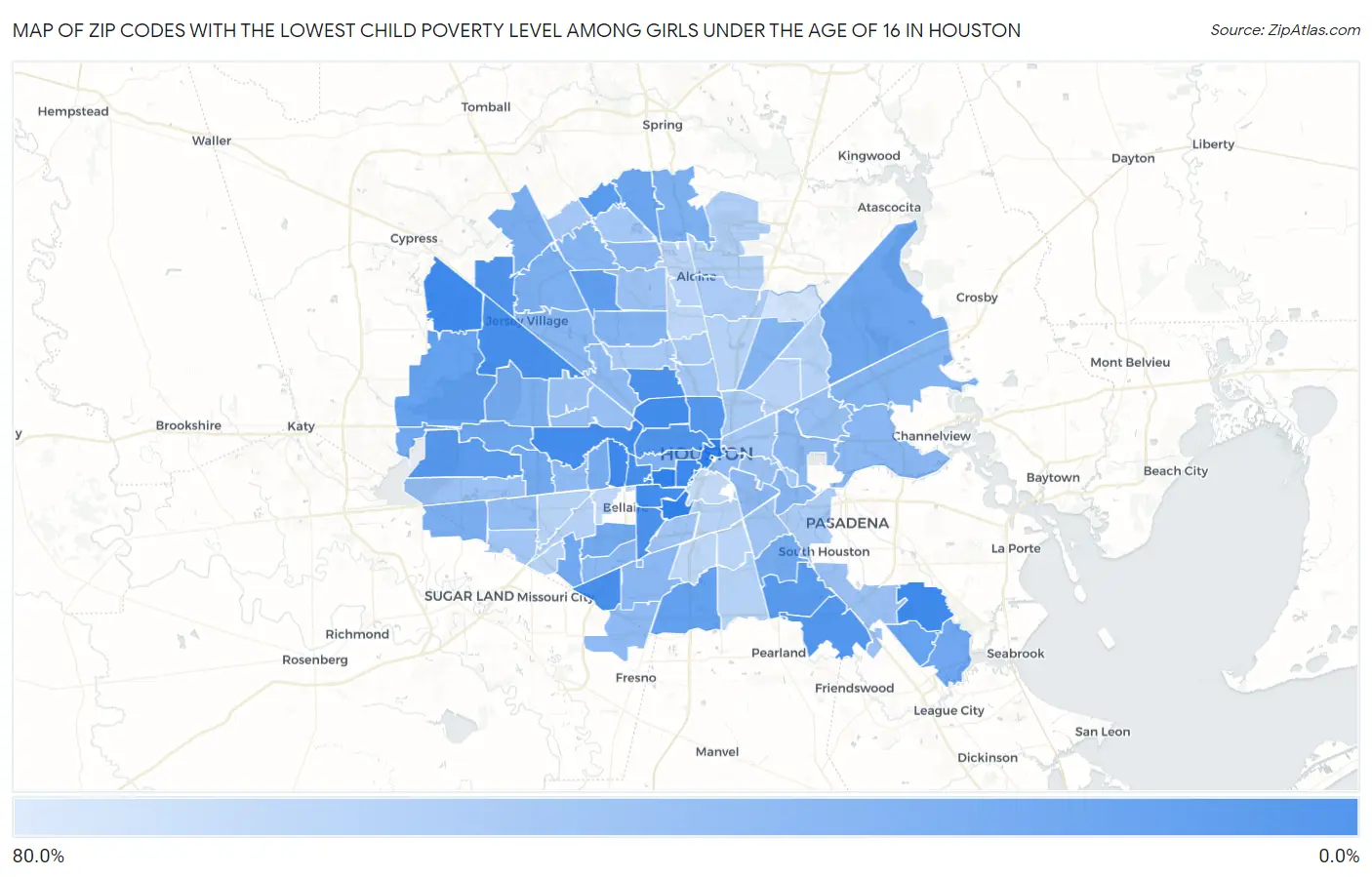 Zip Codes with the Lowest Child Poverty Level Among Girls Under the Age of 16 in Houston Map