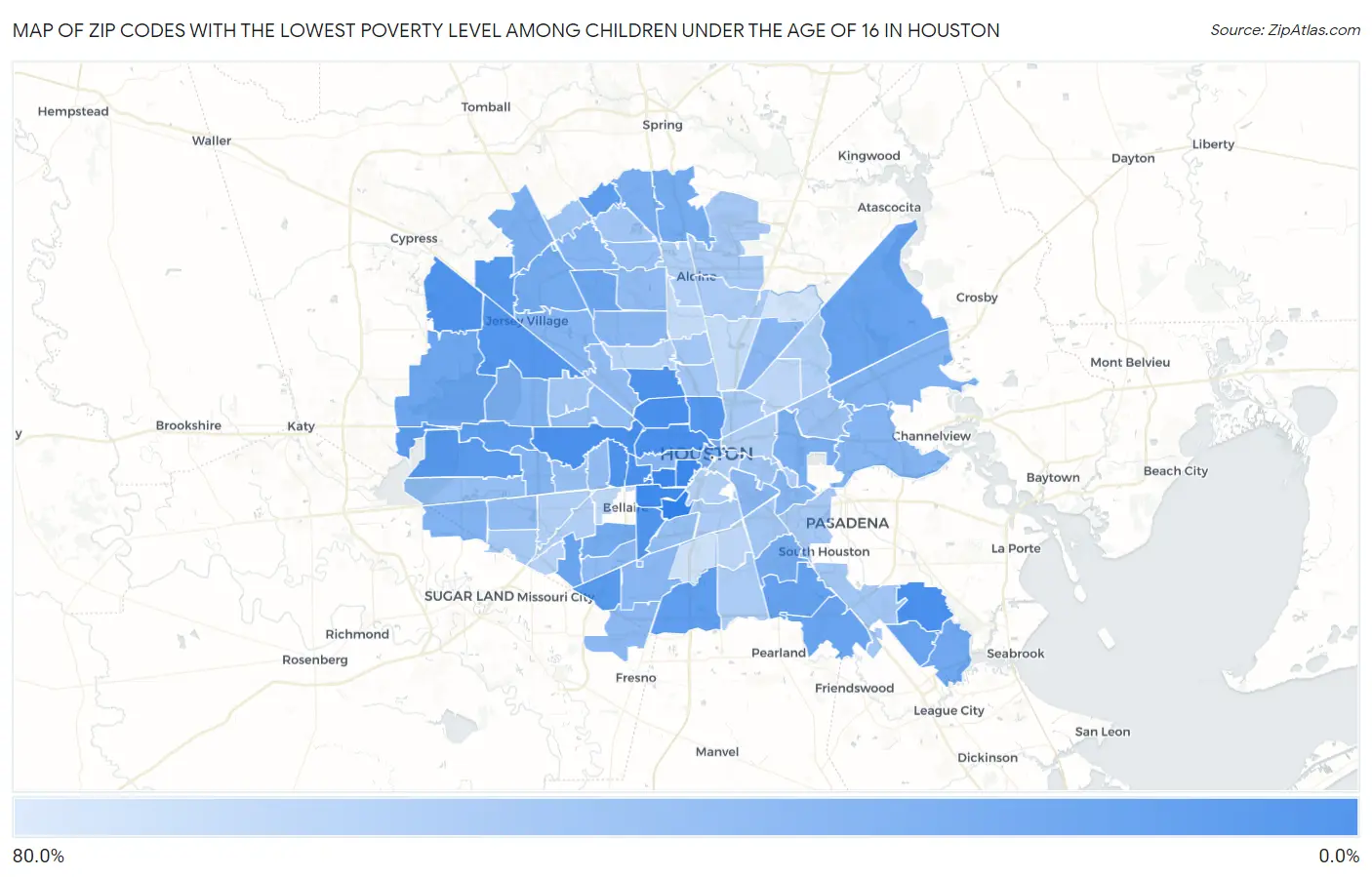Zip Codes with the Lowest Poverty Level Among Children Under the Age of 16 in Houston Map
