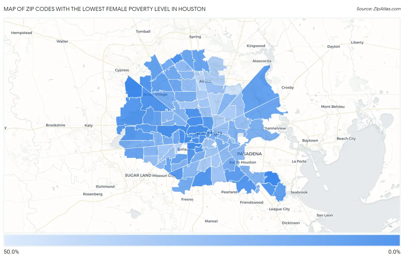 Zip Codes with the Lowest Female Poverty Level in Houston Map