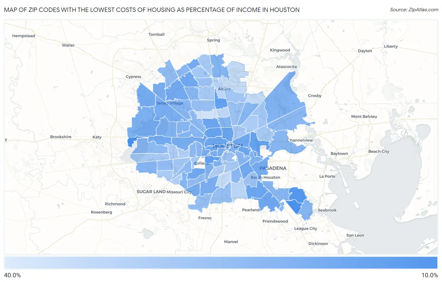 Zip Codes with the Lowest Costs of Housing as Percentage of Income in Houston Map
