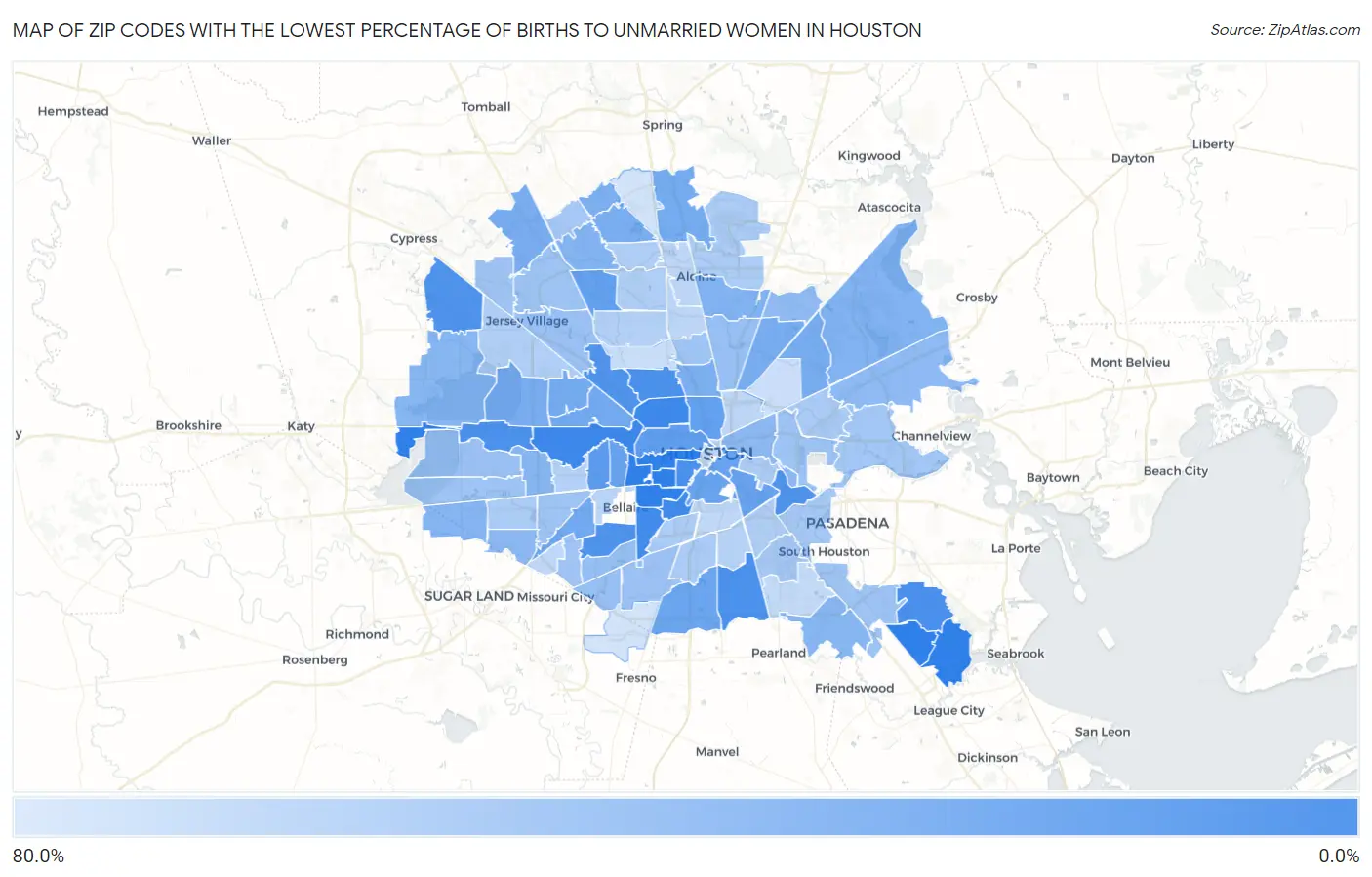 Zip Codes with the Lowest Percentage of Births to Unmarried Women in Houston Map