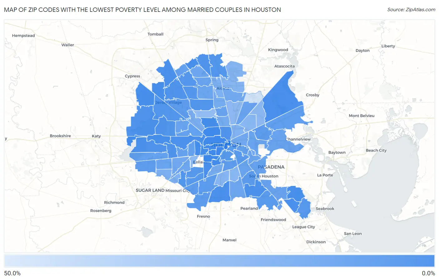 Zip Codes with the Lowest Poverty Level Among Married Couples in Houston Map