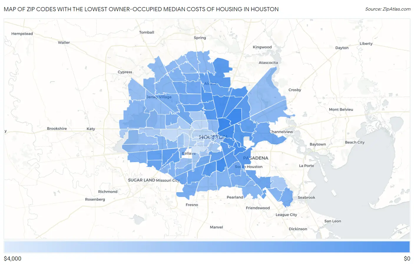 Zip Codes with the Lowest Owner-Occupied Median Costs of Housing in Houston Map