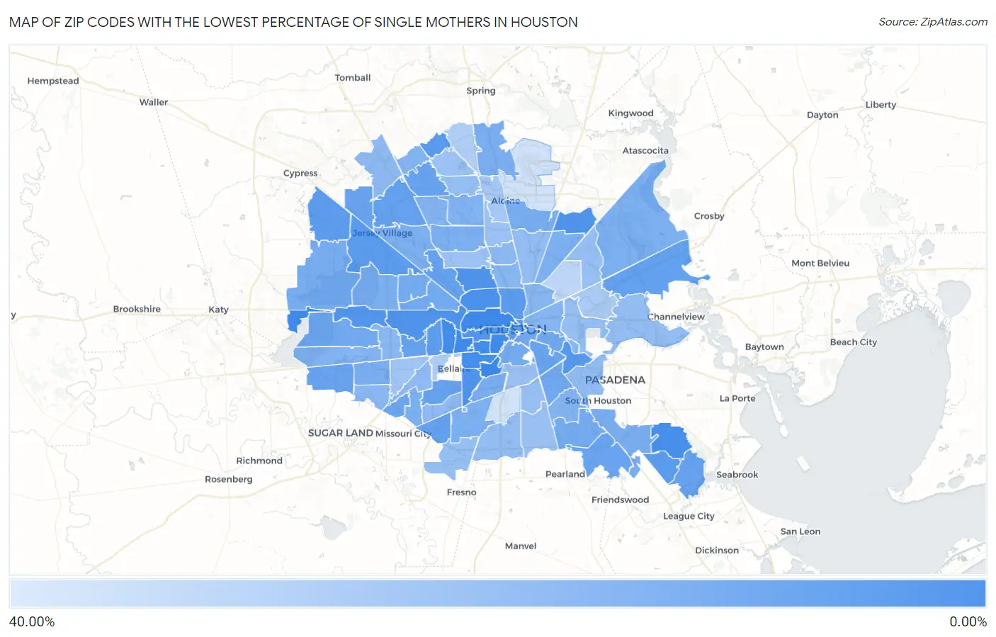 Zip Codes with the Lowest Percentage of Single Mothers in Houston Map