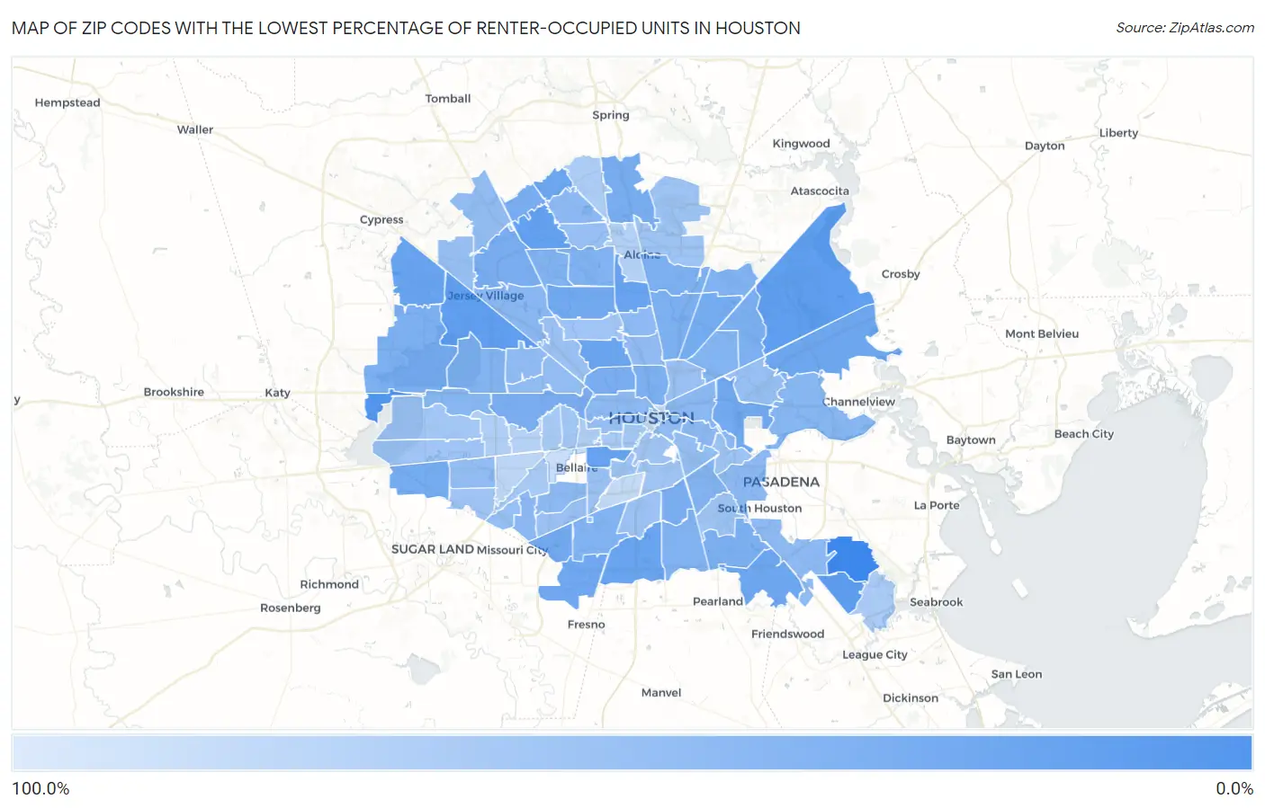 Zip Codes with the Lowest Percentage of Renter-Occupied Units in Houston Map