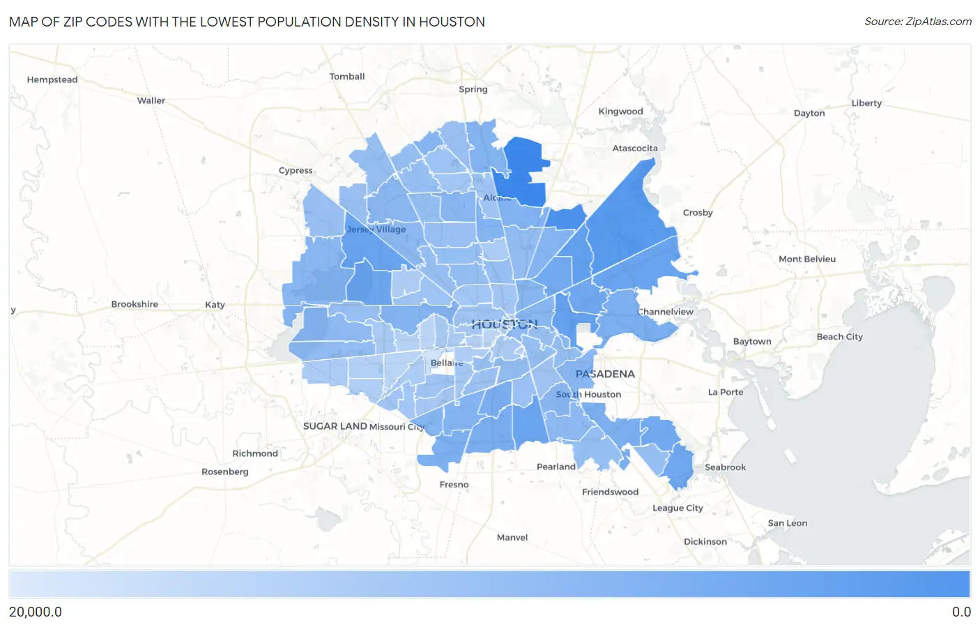 Zip Codes with the Lowest Population Density in Houston Map