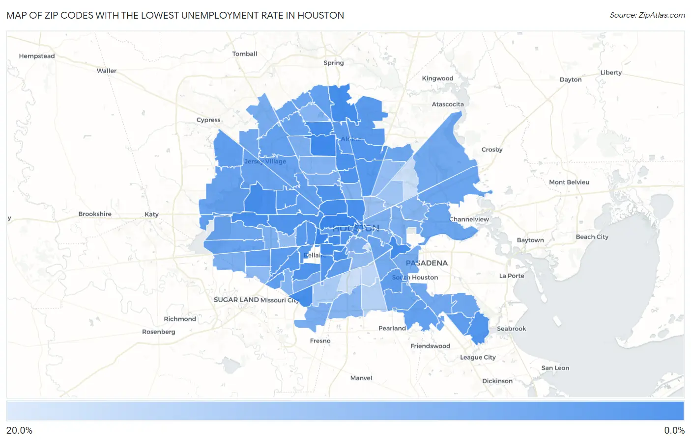 Zip Codes with the Lowest Unemployment Rate in Houston Map
