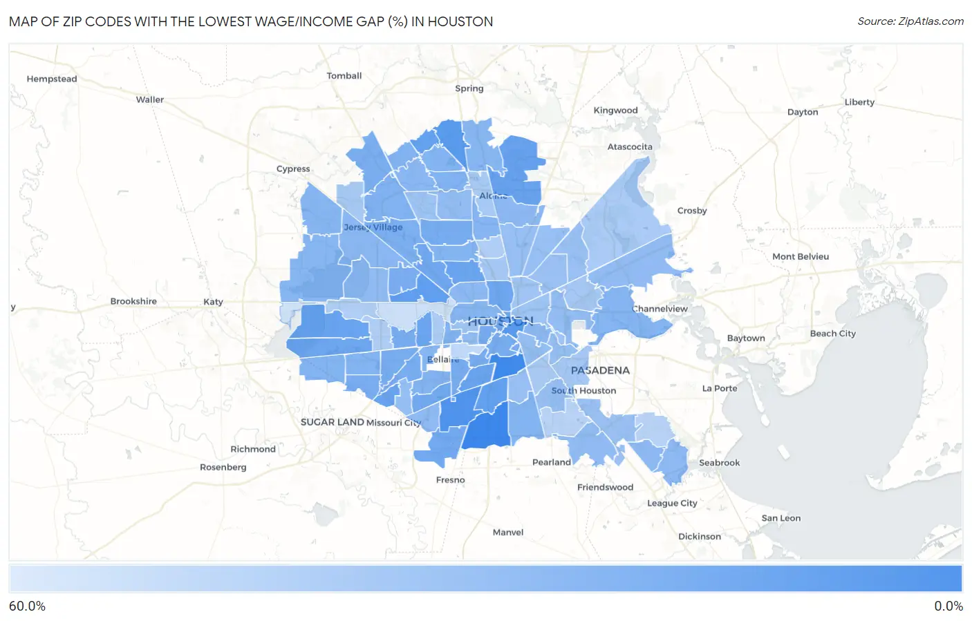 Zip Codes with the Lowest Wage/Income Gap (%) in Houston Map