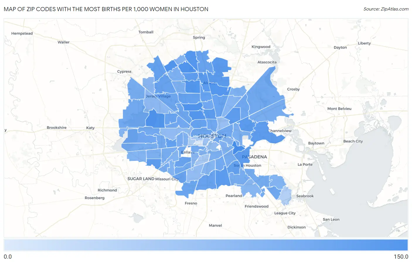 Zip Codes with the Most Births per 1,000 Women in Houston Map