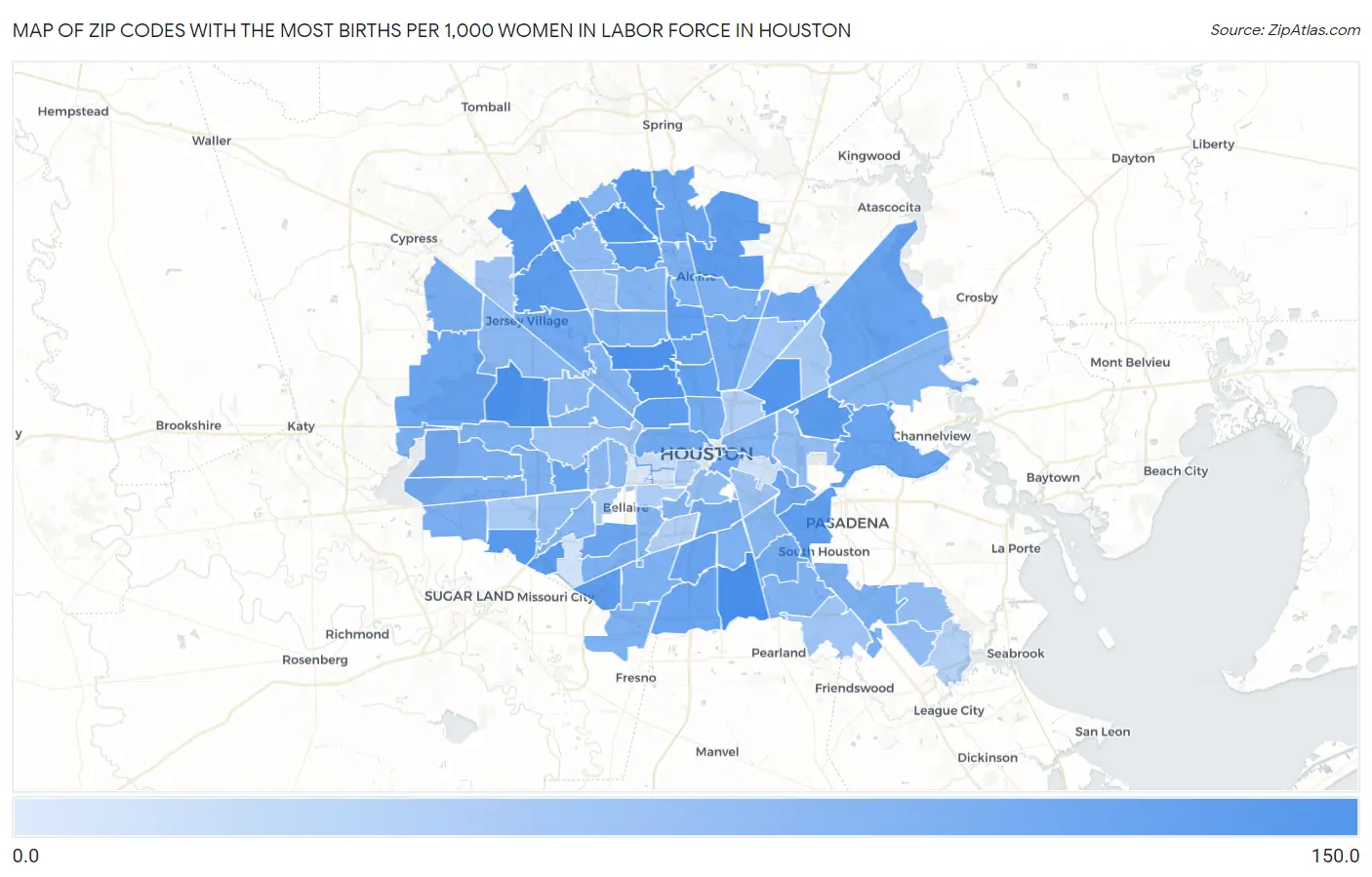 Zip Codes with the Most Births per 1,000 Women in Labor Force in Houston Map