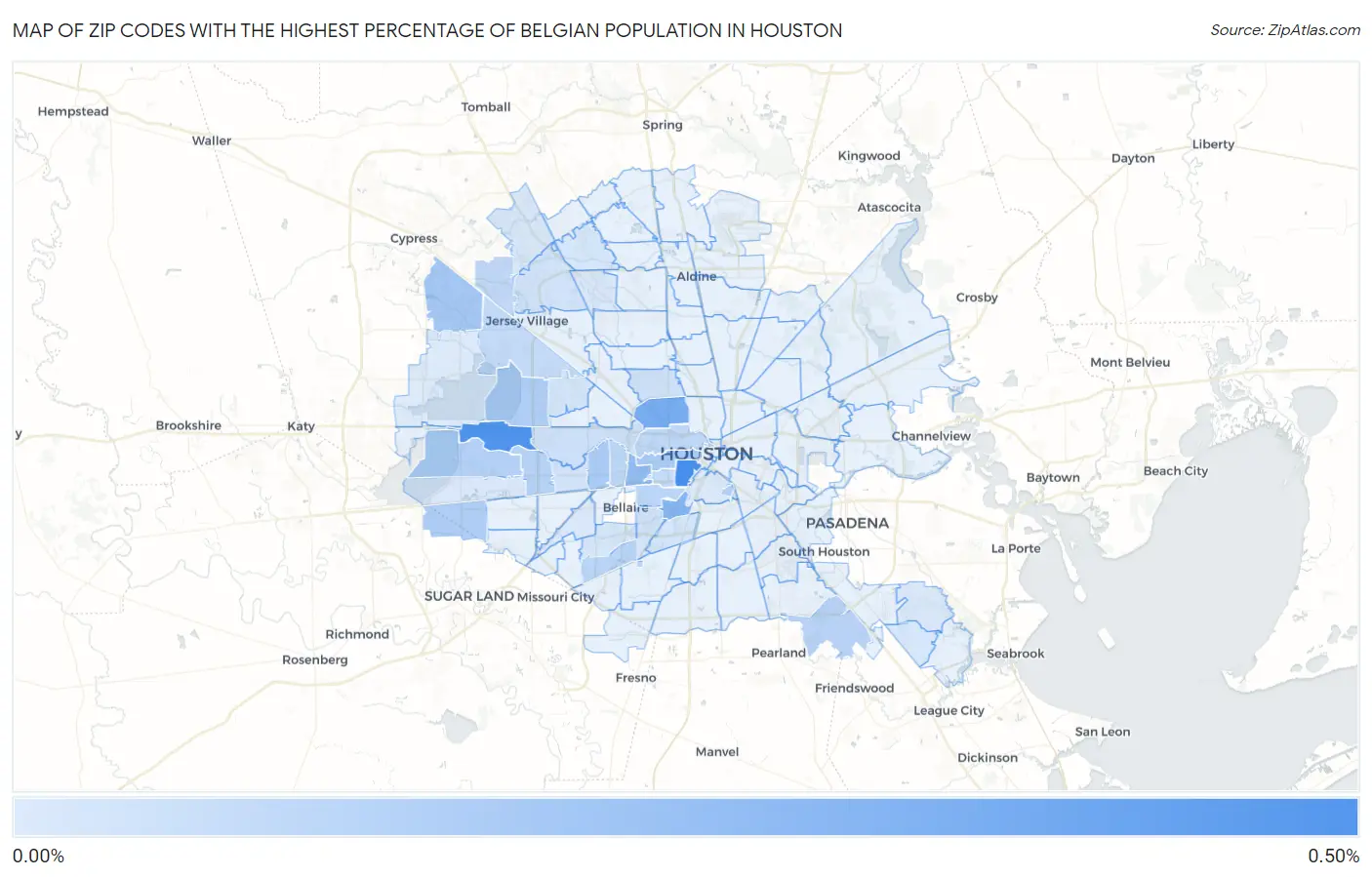 Zip Codes with the Highest Percentage of Belgian Population in Houston Map