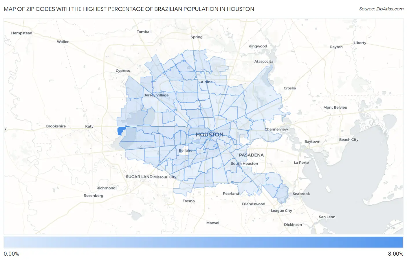 Zip Codes with the Highest Percentage of Brazilian Population in Houston Map