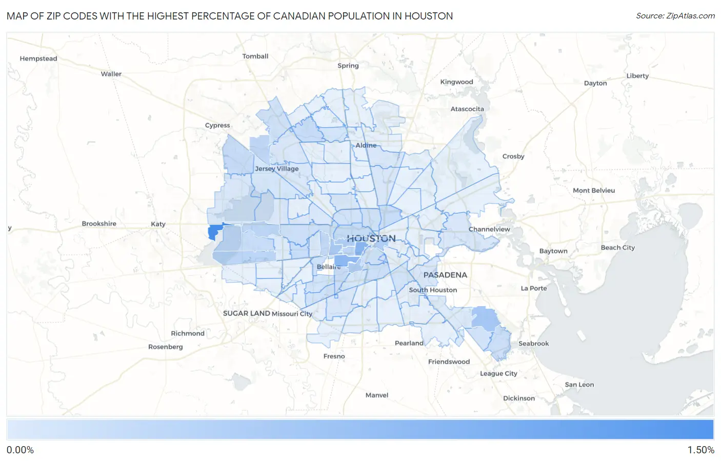 Zip Codes with the Highest Percentage of Canadian Population in Houston Map