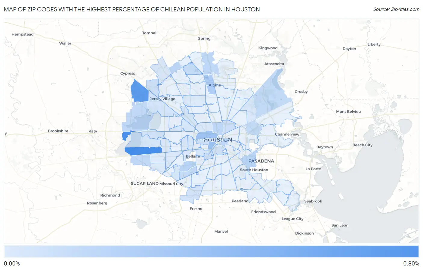 Zip Codes with the Highest Percentage of Chilean Population in Houston Map