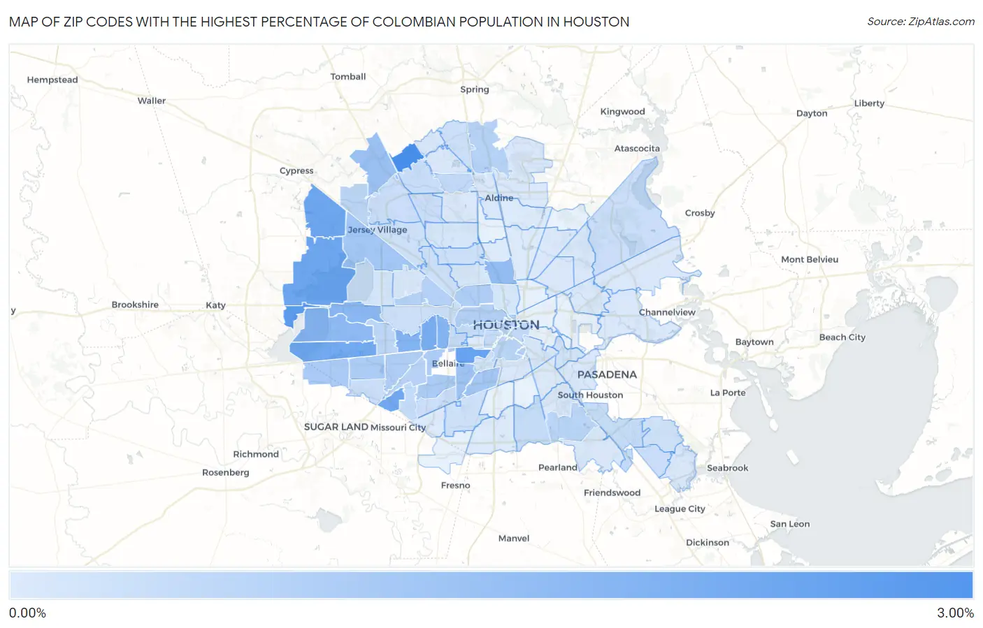 Zip Codes with the Highest Percentage of Colombian Population in Houston Map