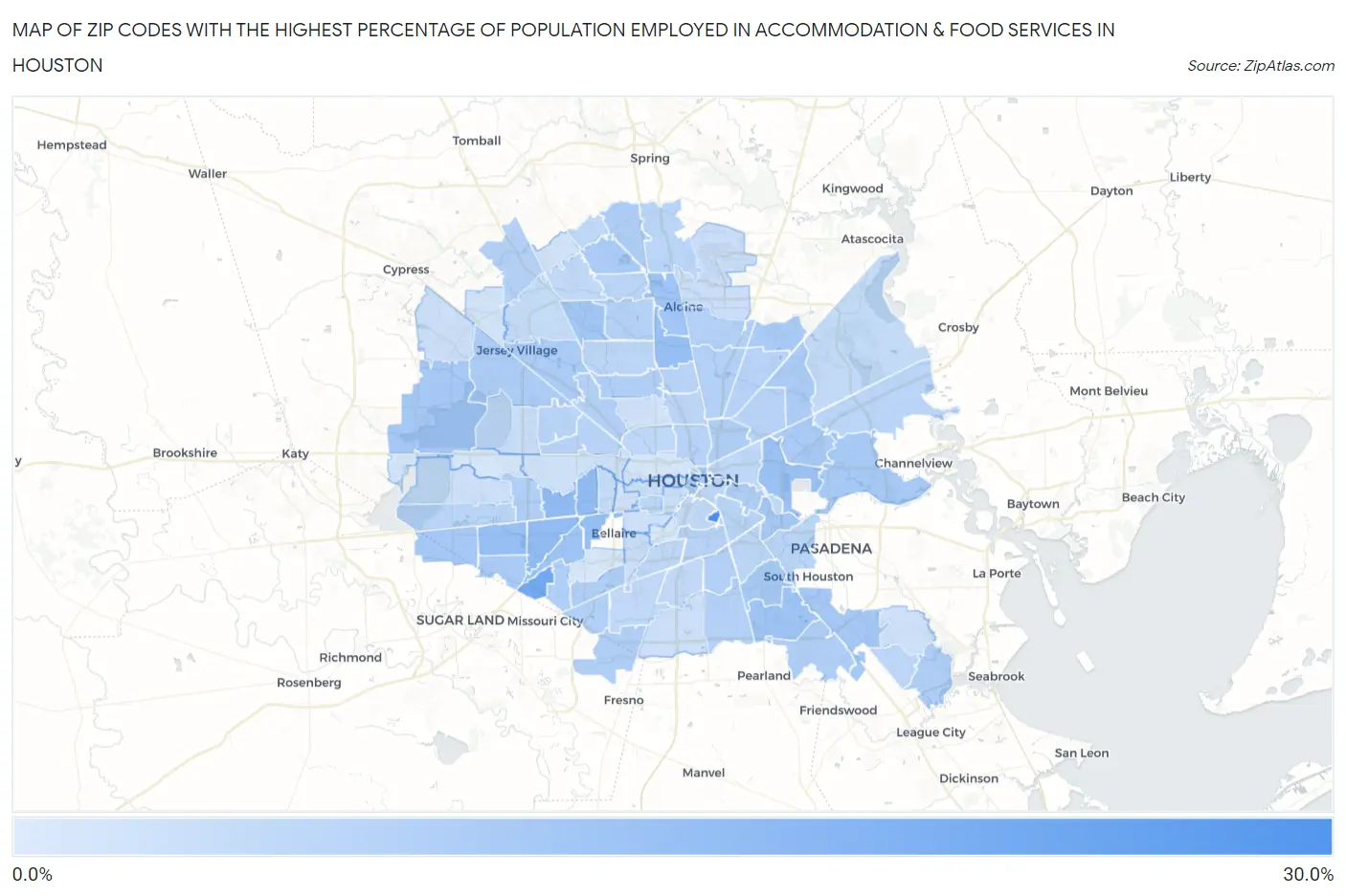 Zip Codes with the Highest Percentage of Population Employed in Accommodation & Food Services in Houston Map