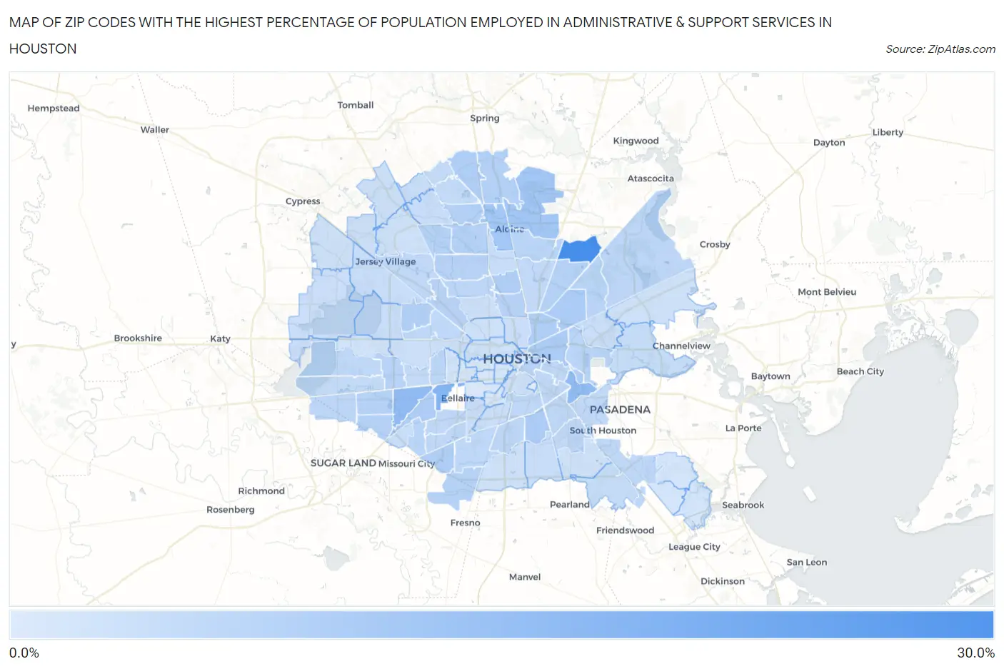 Zip Codes with the Highest Percentage of Population Employed in Administrative & Support Services in Houston Map