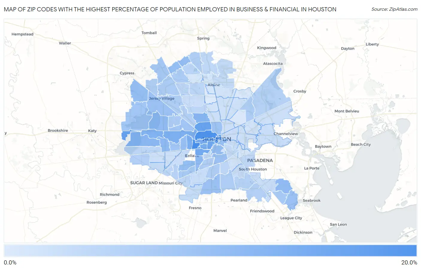 Zip Codes with the Highest Percentage of Population Employed in Business & Financial in Houston Map