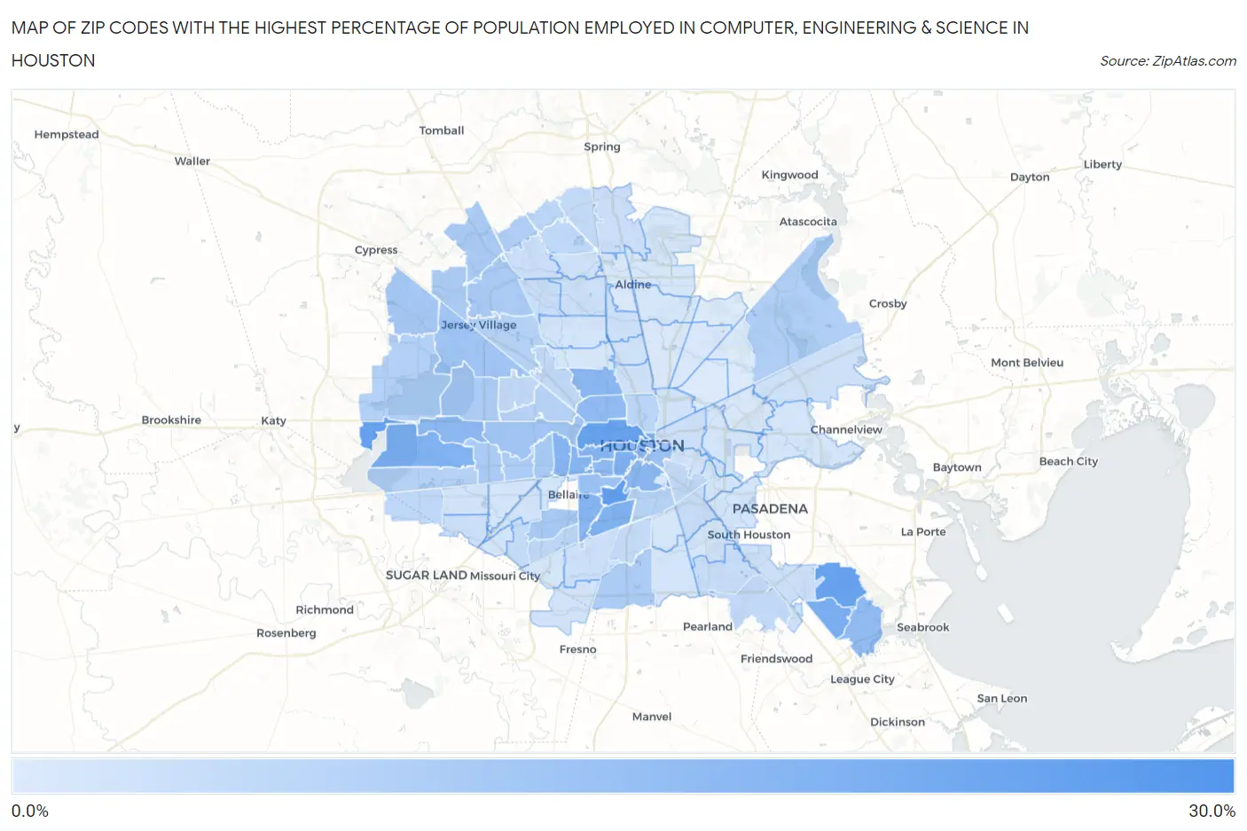 Zip Codes with the Highest Percentage of Population Employed in Computer, Engineering & Science in Houston Map
