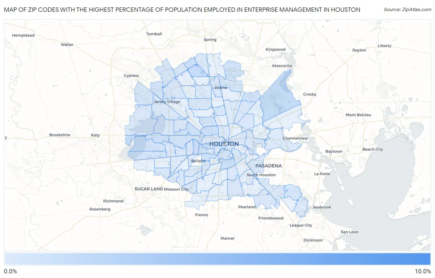 Zip Codes with the Highest Percentage of Population Employed in Enterprise Management in Houston Map