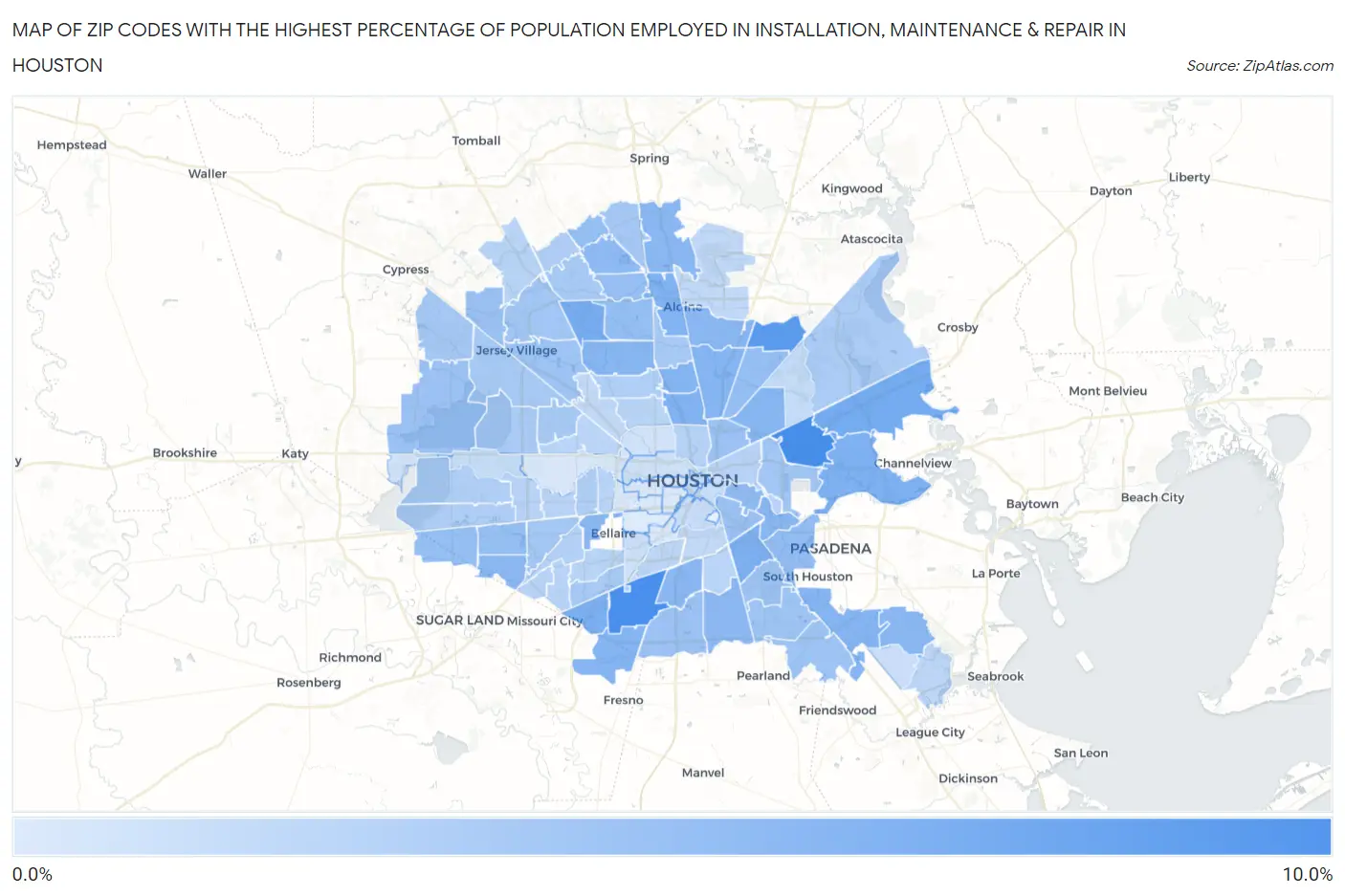 Zip Codes with the Highest Percentage of Population Employed in Installation, Maintenance & Repair in Houston Map