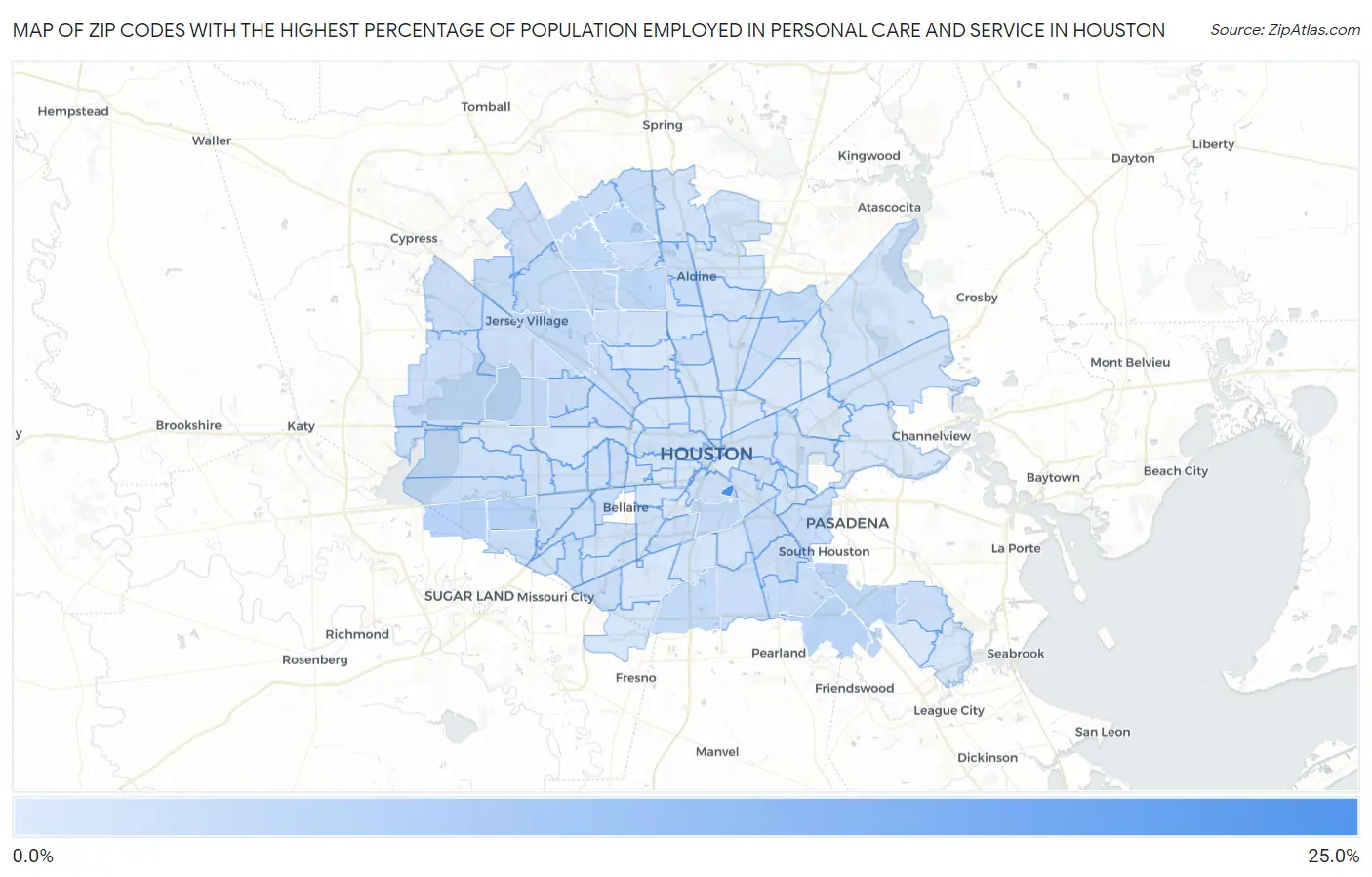 Zip Codes with the Highest Percentage of Population Employed in Personal Care and Service in Houston Map