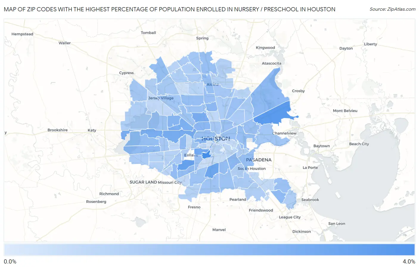 Zip Codes with the Highest Percentage of Population Enrolled in Nursery / Preschool in Houston Map