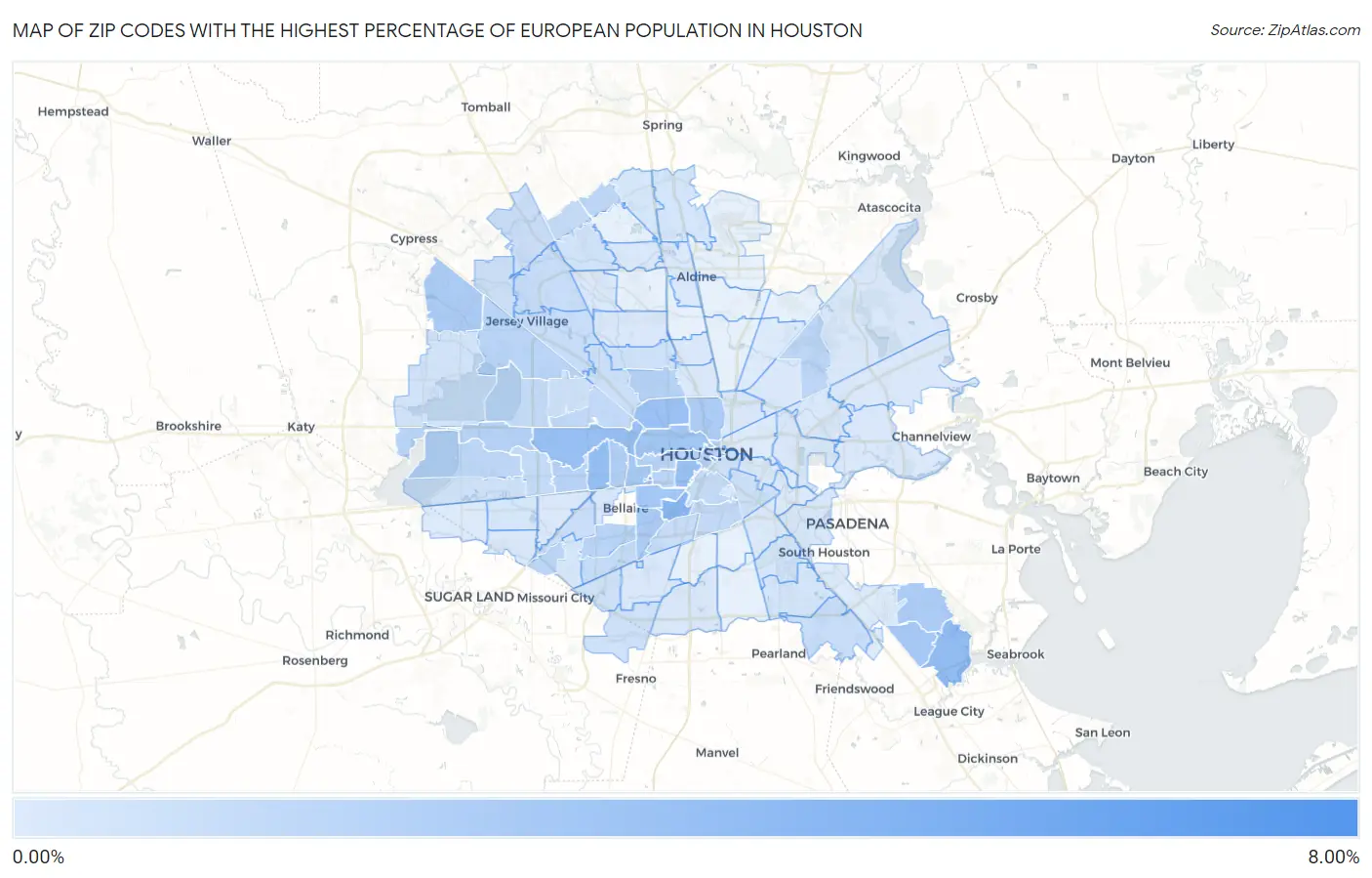 Zip Codes with the Highest Percentage of European Population in Houston Map