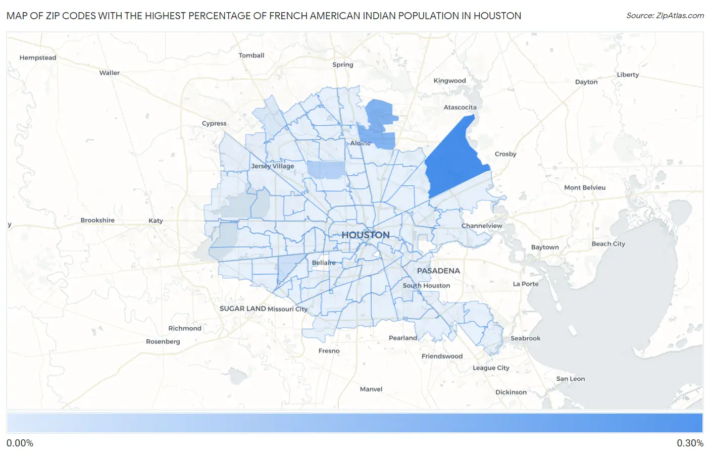Zip Codes with the Highest Percentage of French American Indian Population in Houston Map