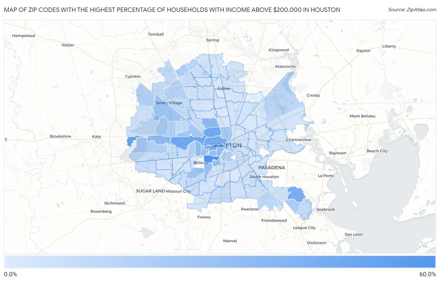 Zip Codes with the Highest Percentage of Households with Income Above $200,000 in Houston Map