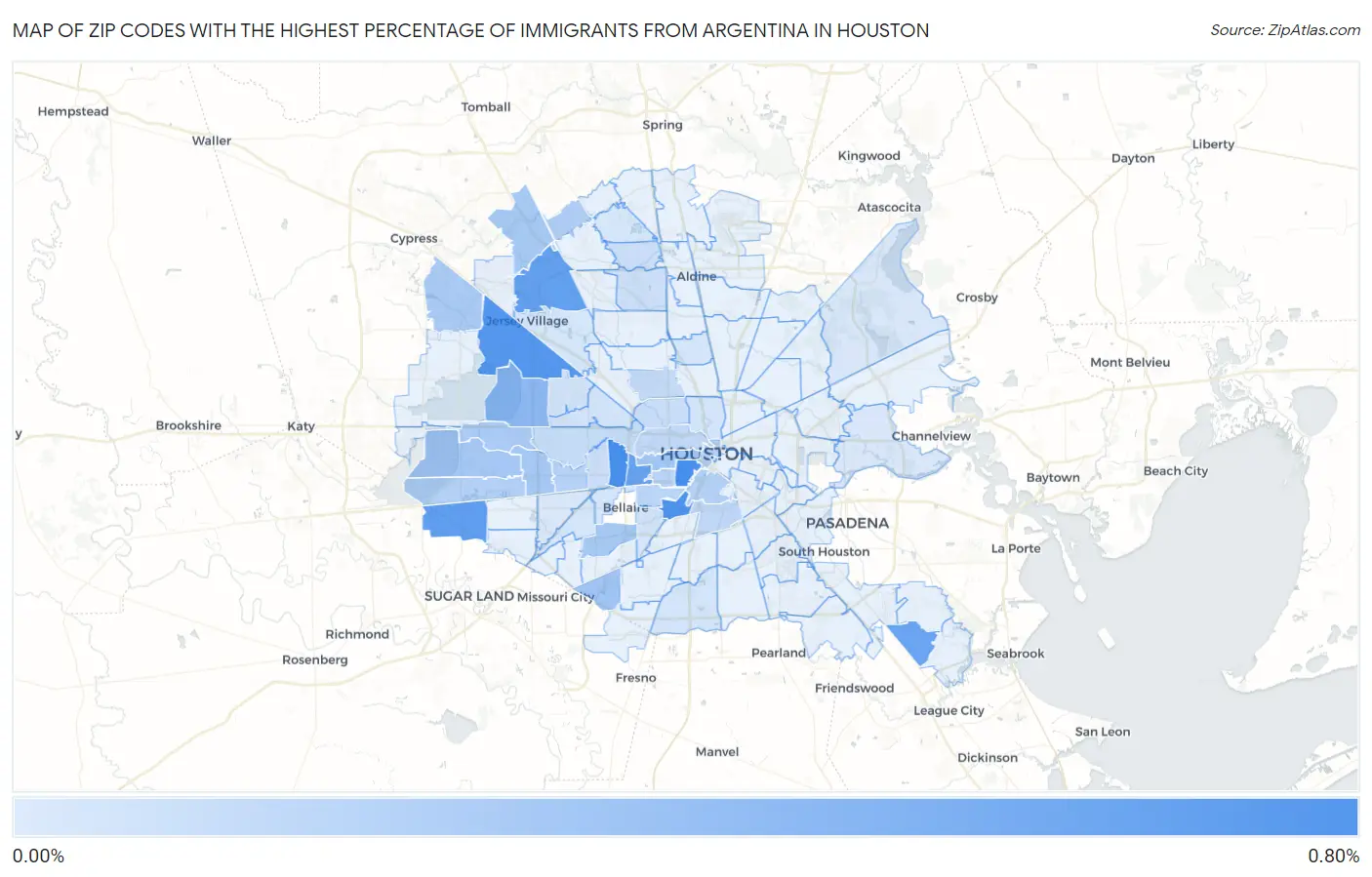 Zip Codes with the Highest Percentage of Immigrants from Argentina in Houston Map