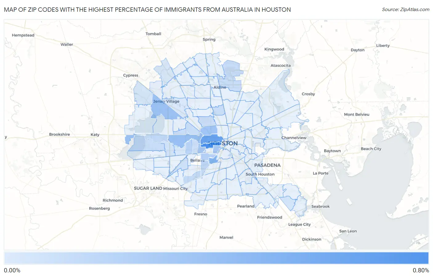 Zip Codes with the Highest Percentage of Immigrants from Australia in Houston Map