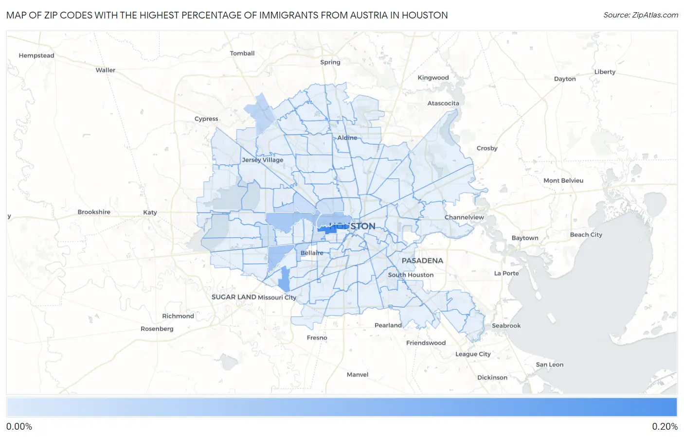 Zip Codes with the Highest Percentage of Immigrants from Austria in Houston Map