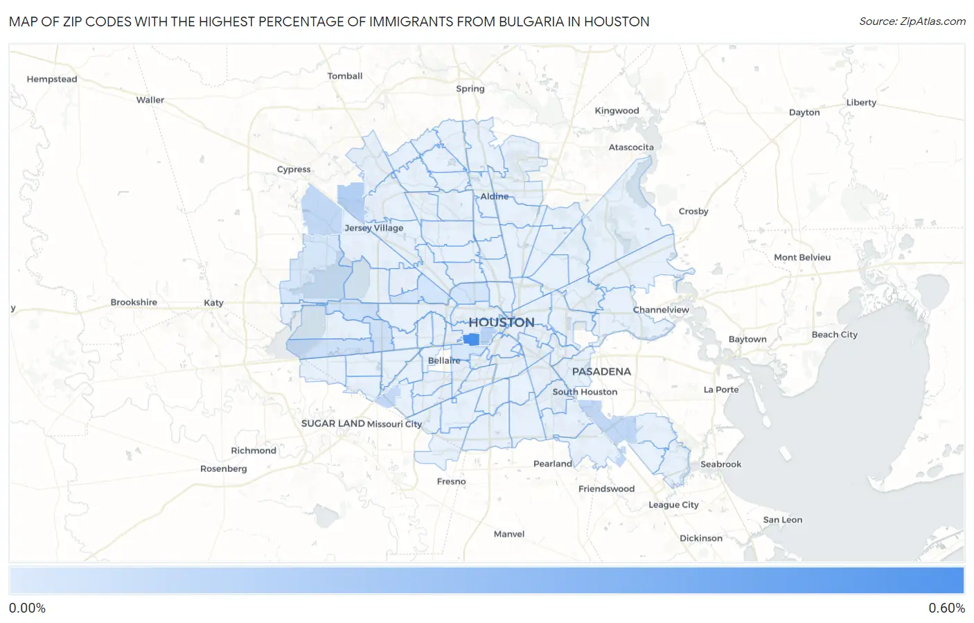 Zip Codes with the Highest Percentage of Immigrants from Bulgaria in Houston Map