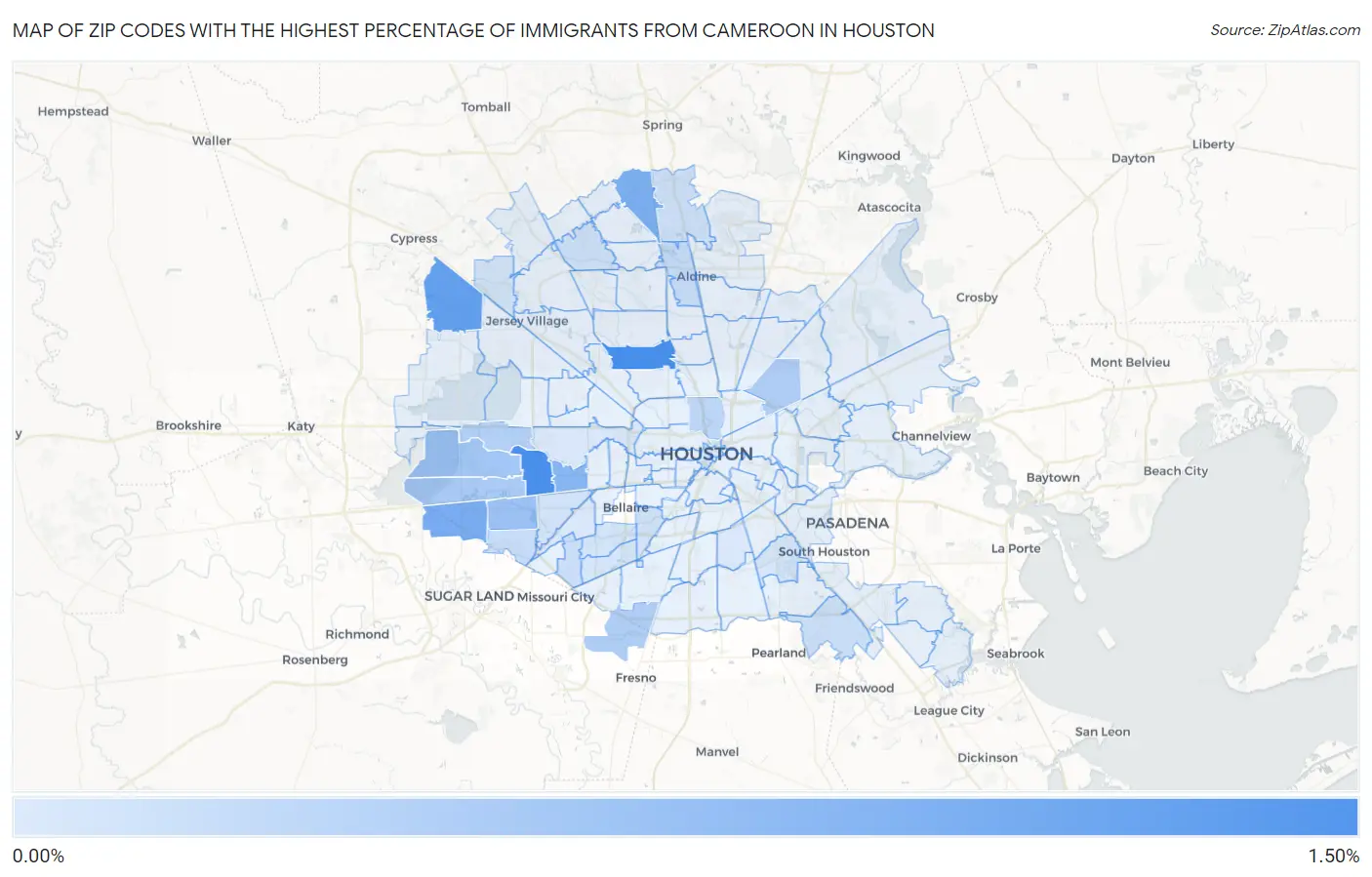 Zip Codes with the Highest Percentage of Immigrants from Cameroon in Houston Map
