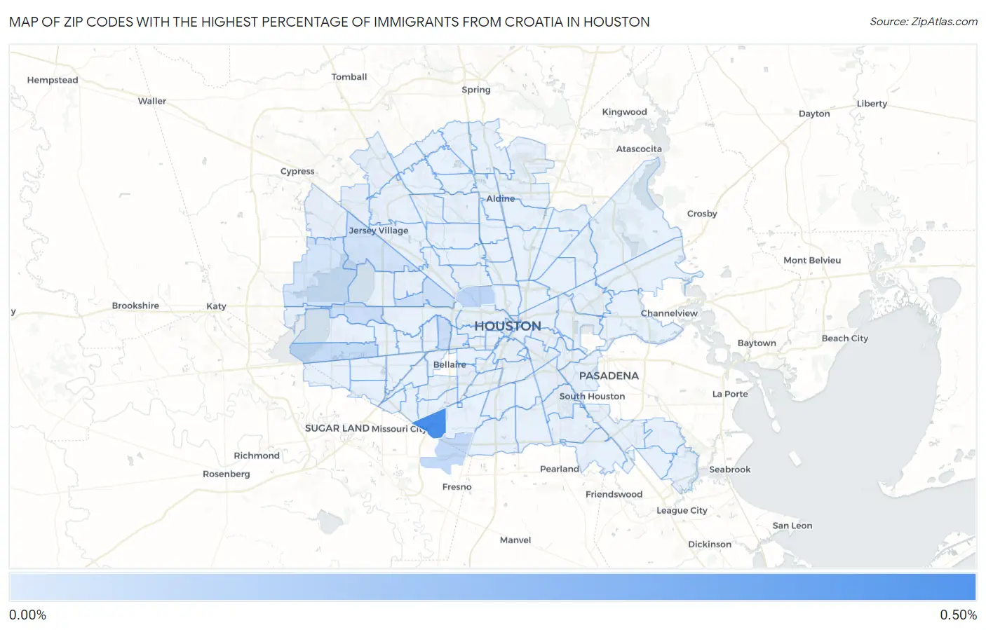 Zip Codes with the Highest Percentage of Immigrants from Croatia in Houston Map
