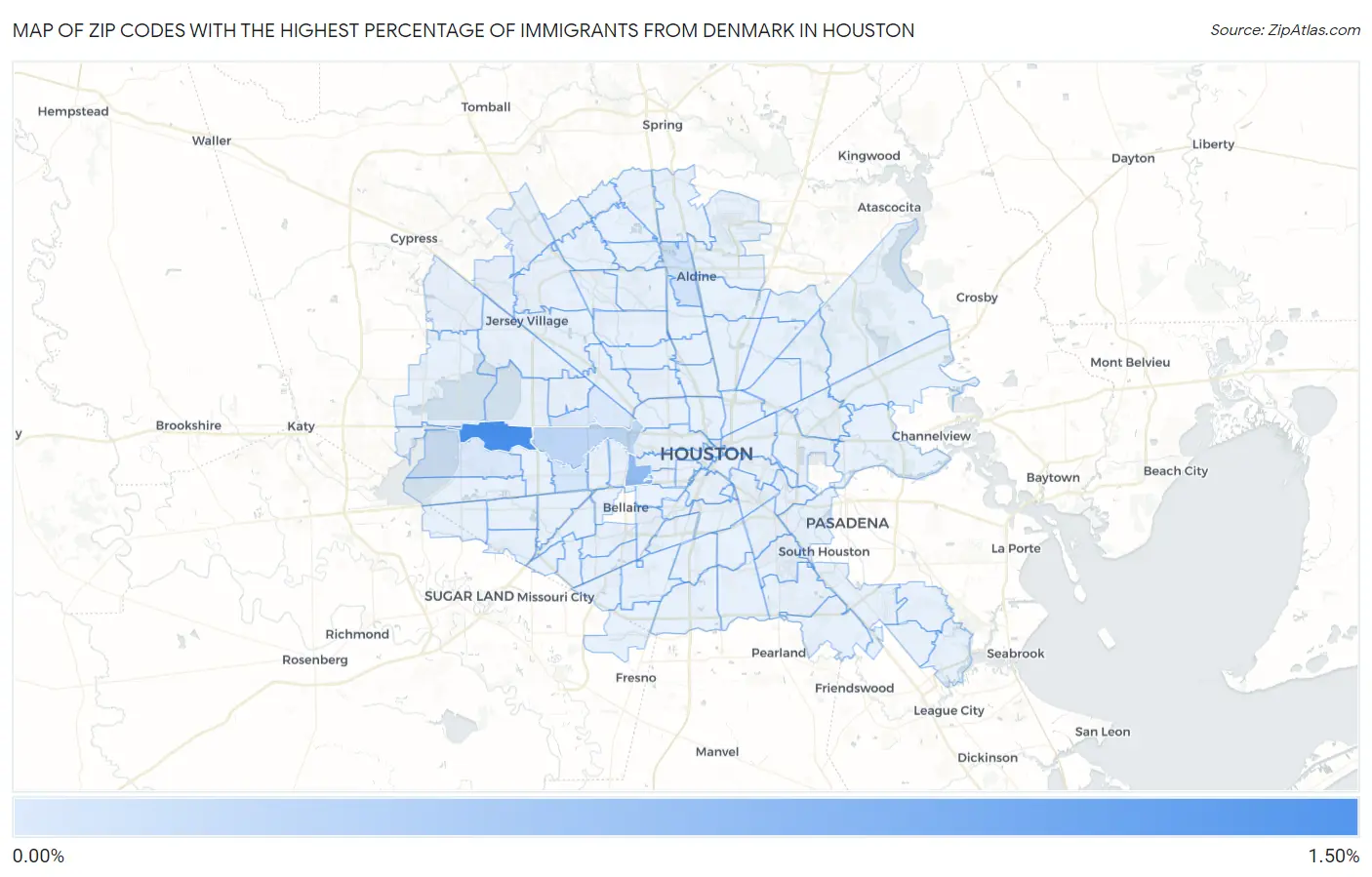 Zip Codes with the Highest Percentage of Immigrants from Denmark in Houston Map