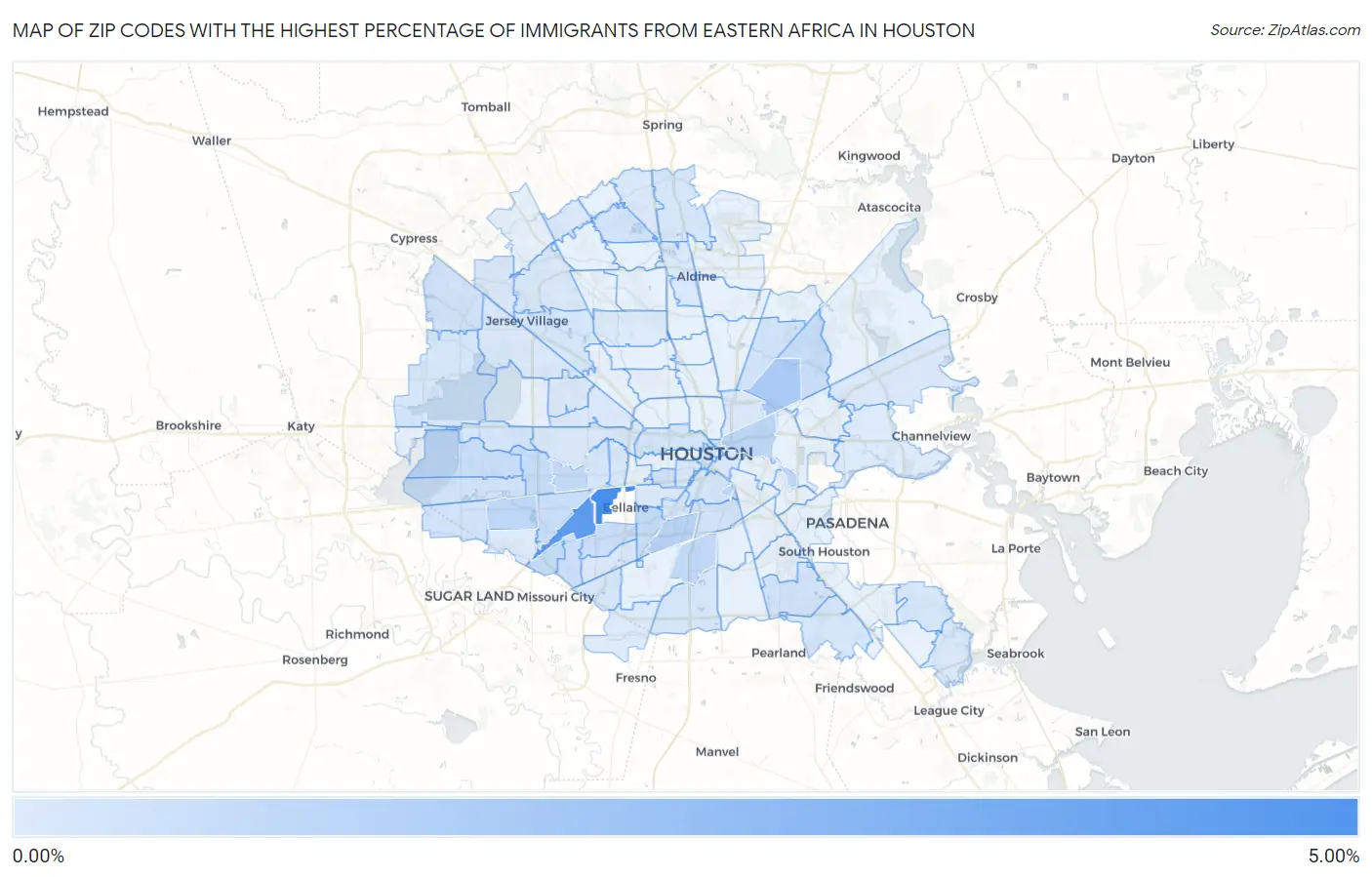 Zip Codes with the Highest Percentage of Immigrants from Eastern Africa in Houston Map