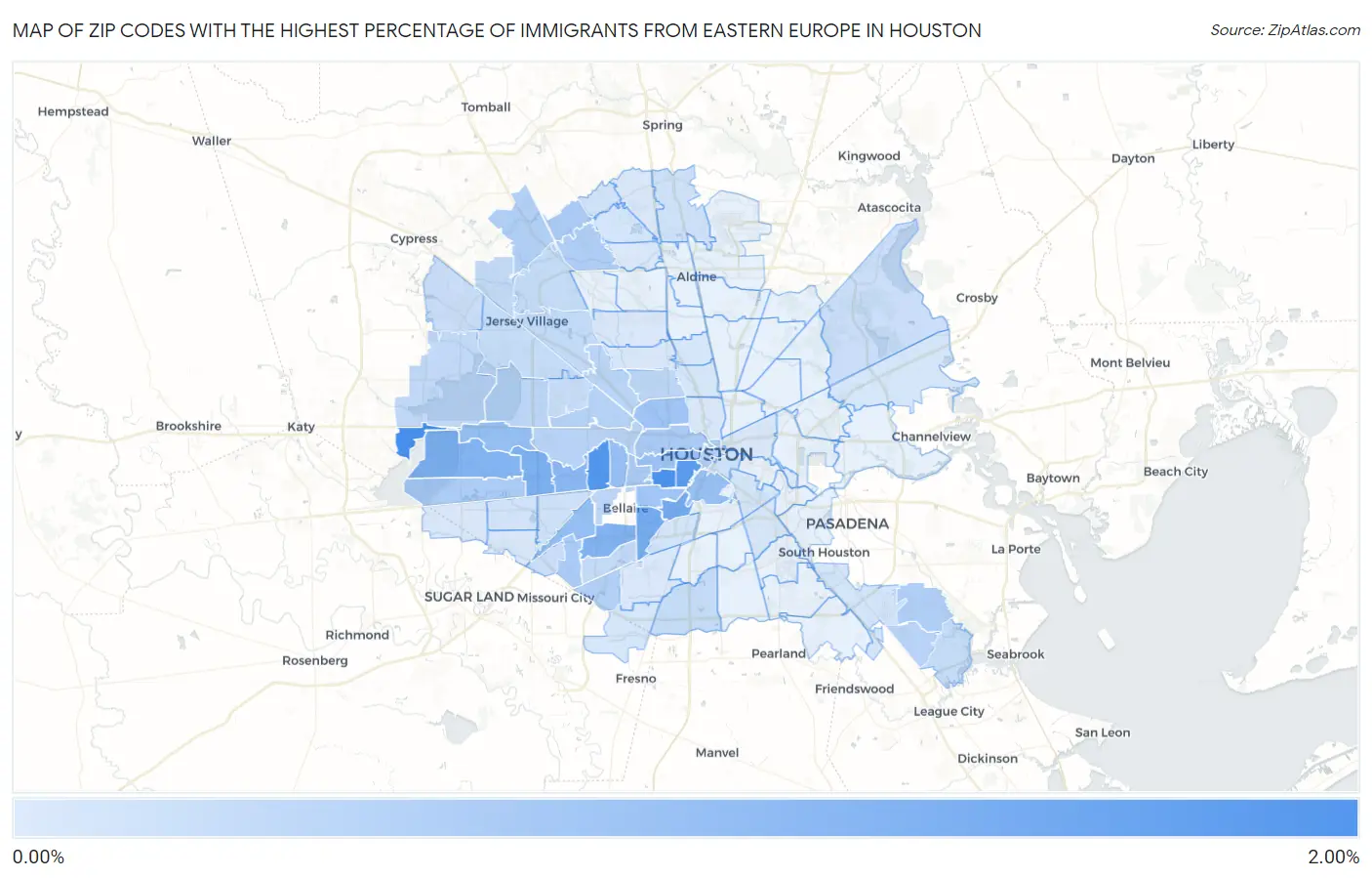 Zip Codes with the Highest Percentage of Immigrants from Eastern Europe in Houston Map